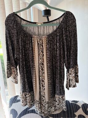 Style & Co. Black and Cream Printed Boho Scoop-Neck Tunic